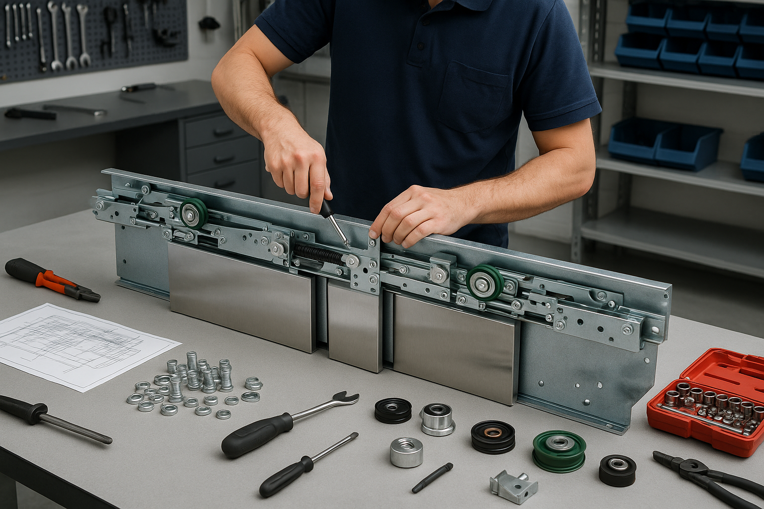 Technician assembling elevator parts